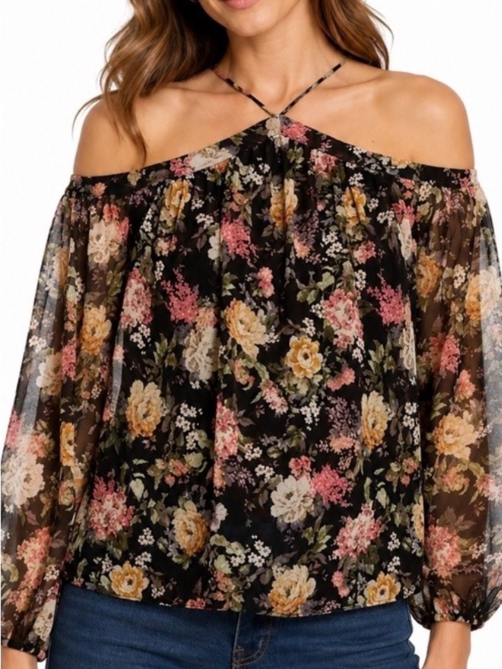 Floral Off-Shoulder Blouse with Halter Neck